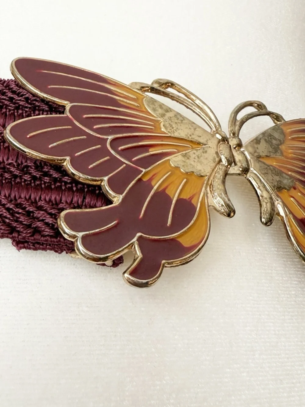 Vintage 80s Burgundy Enamel Butterfly Buckle Elastic Waist Textured Belt Size XL - Picture 5 of 15